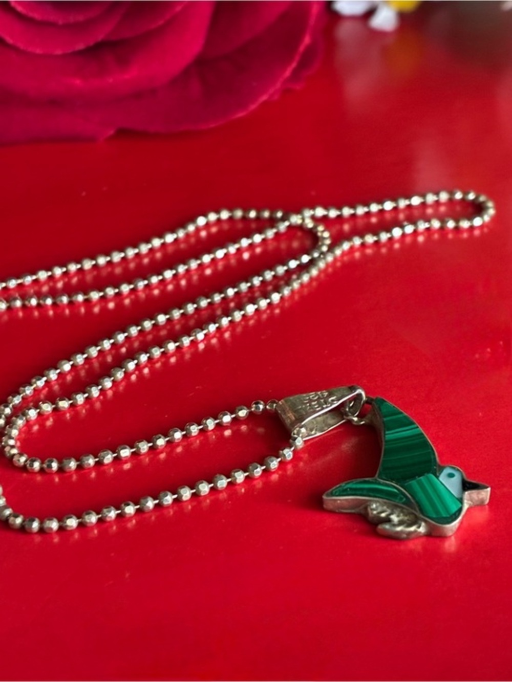 925 Sterling Silver Necklace with Green Malachite Hummingbird Pendant 17”